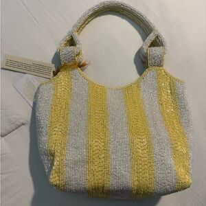 Yellow and White Stripe Beaded Bag